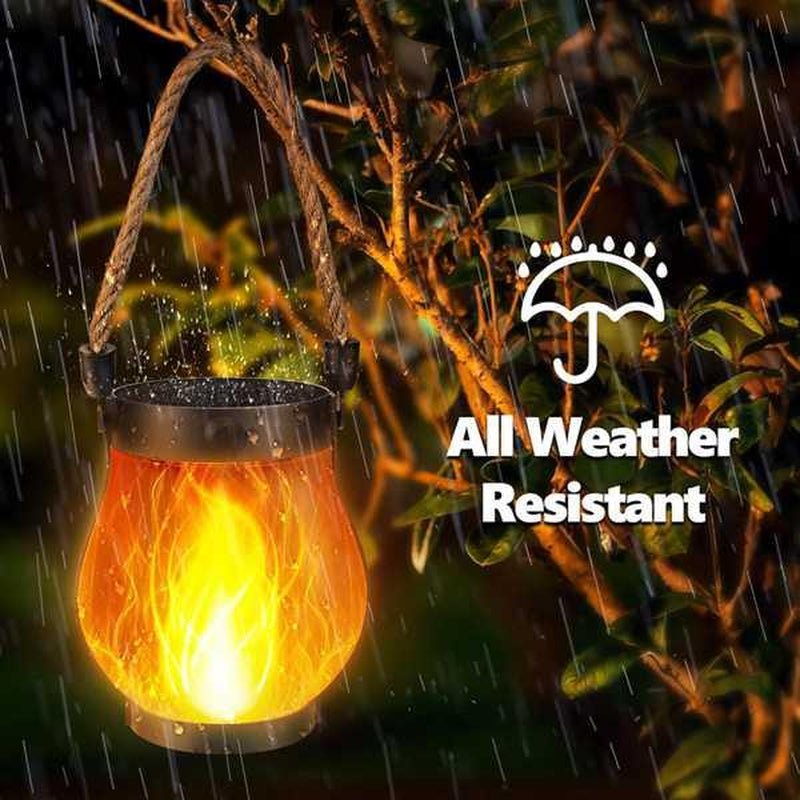 2 Pack Solar Lantern Flickering Flame Garden Lights with Dual USB and Solar Power Outdoor Waterproof Hanging Lamp