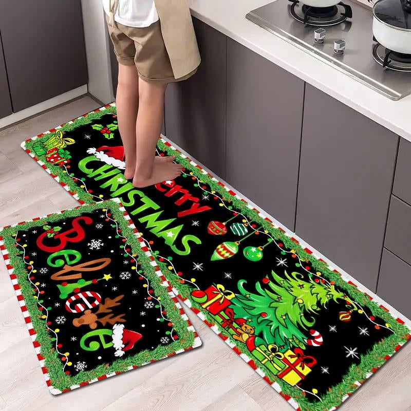 2Pcs Merry Christmas Christmas Tree Lights Floor Mat Set Farmhouse Kitchen Rug Dining Room Flooring Laundry Room Decor Carpet Mat Home Decor Rugs, Washable Rugs