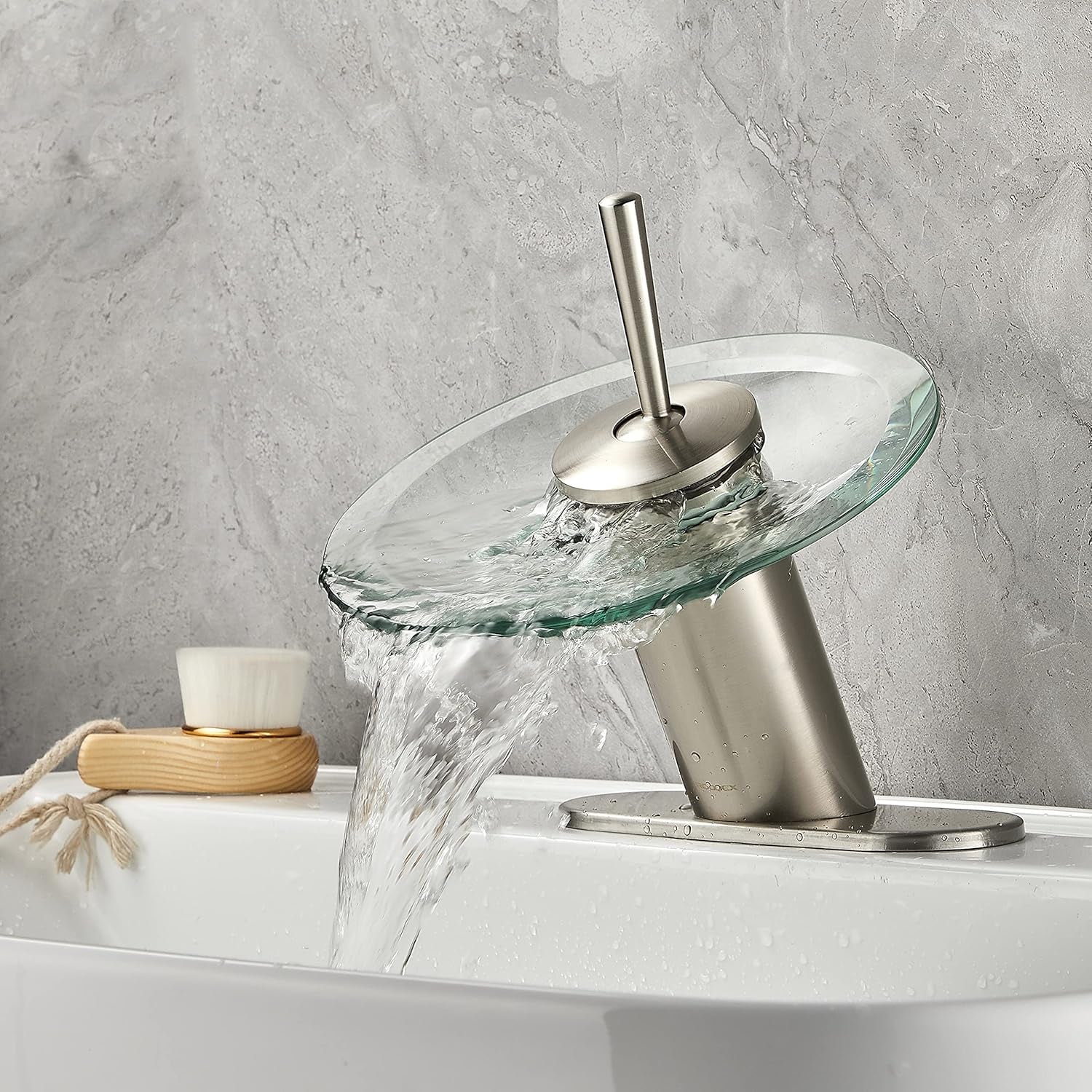Waterfall Bathroom Sink Faucet Solid Brass Glass One Handle Single Hole Basin Vanity Bathroom Faucet, Short, Blue+Chrome