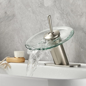 Waterfall Bathroom Sink Faucet Solid Brass Glass One Handle Single Hole Basin Vanity Bathroom Faucet, Short, Blue+Chrome
