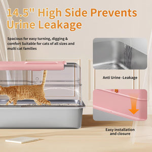 TOPYANGS XL Stainless Steel Cat Litter Box with Lid, 20L Metal Enclosed Litter Box for Big Cat, Flip-Top Design with Anti-Leakage High Sides, Large Cat Lovers Gifts, Pink