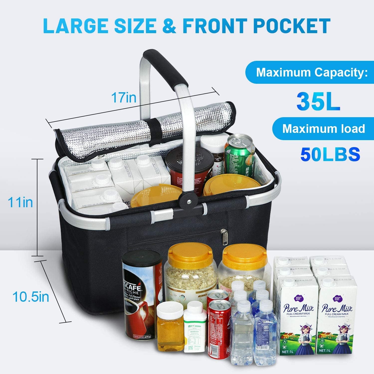 35L Large Picnic Basket 5 Layers of Internal Pockets Leak-Proof and Insulated Folding, Internal Support Does Not House Warming Gifts New Home, Wedding Gifts for Couple(Black)