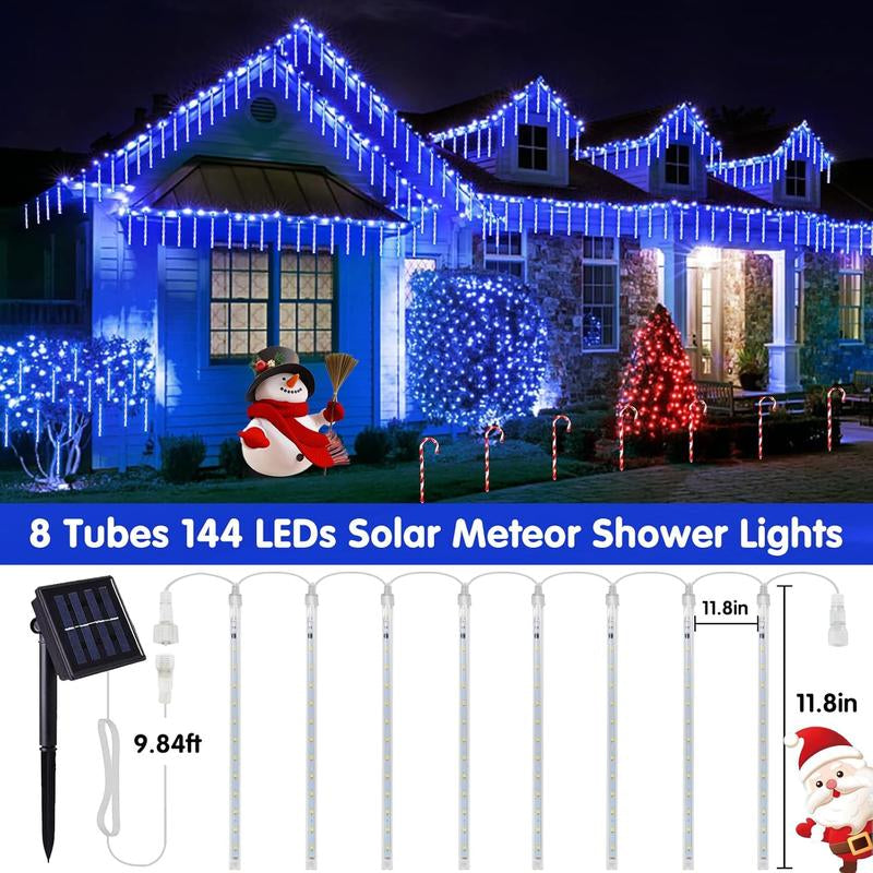 JMEXSUSS Solar Christmas Lights Outdoor Waterproof, Solar Meteor Shower Rain Lights, 8 Tube 144 Leds Solar Icicle Tree Lights for Yard Patio Xmas