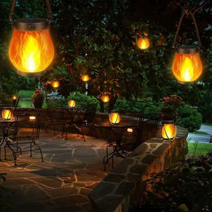 2 Pack Solar Lantern Flickering Flame Garden Lights with Dual USB and Solar Power Outdoor Waterproof Hanging Lamp