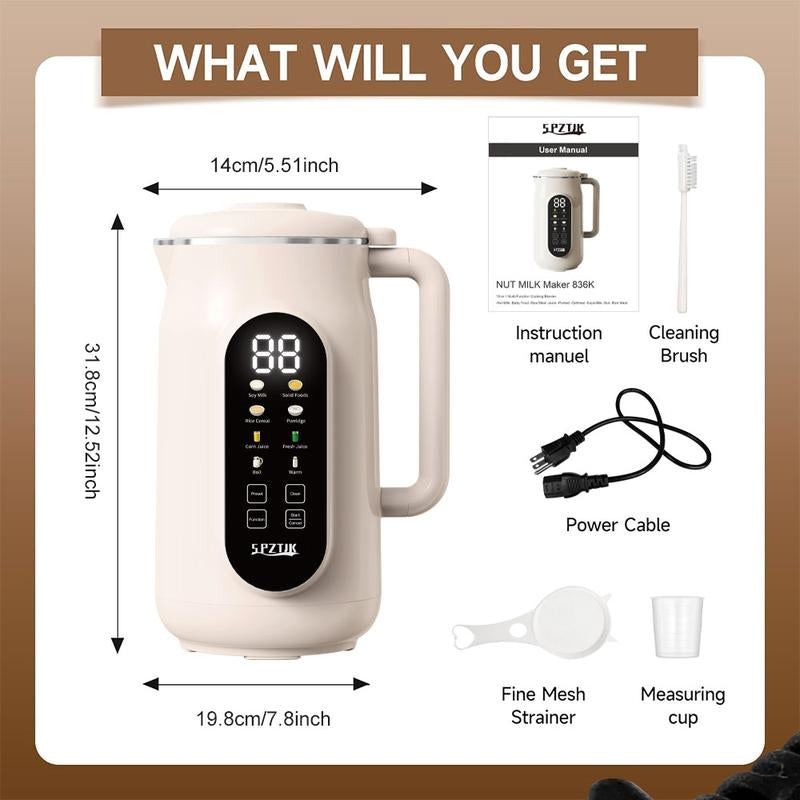 SPZTJK Nut Milk Maker, Homemade Soy Milk,Almond Milk,Plant Based Milks,Oat Milk,Fresh Juice,Coconut,Electric Bean and Nut Milk Machine with Delay Start/12 Hours Timer/Keep Warm/Self-Cleaning/Boil Water