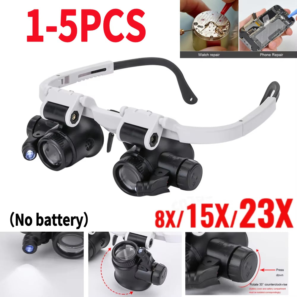 1-5PCS Magnifying Glass 8X/15X/23X Lens with 2 LED Light for Jewelers Watchmaker Repair Precision Work Magnifying Eyewear