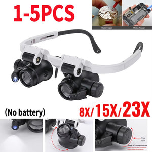1-5PCS Magnifying Glass 8X/15X/23X Lens with 2 LED Light for Jewelers Watchmaker Repair Precision Work Magnifying Eyewear