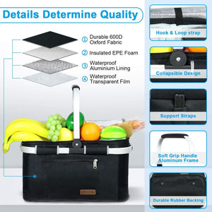 35L Large Picnic Basket 5 Layers of Internal Pockets Leak-Proof and Insulated Folding, Internal Support Does Not House Warming Gifts New Home, Wedding Gifts for Couple(Black)