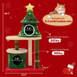 Comhoma 52" Christmas Cat Tree with 2 Cozy Houses,Indoor Modern Cat Tower with Anti-Tip Kit,Plush Perches & Hanging Balls,Holiday Cat Climbing Furniture for Kittens to Play and Sleep