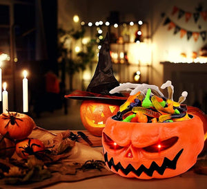Halloween Scary Candy Bowl, Animated Pumpkin Candy Dish with Tricky Motion Activated Skeleton Hand, Prank Toys Lighted Red Eyes and Sound, Scary Decoration for Trick-Or-Treaters, Haunted House, Office or Party Perfect Gift Table