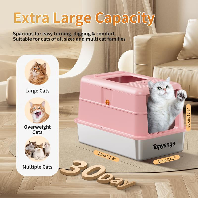 TOPYANGS XL Stainless Steel Cat Litter Box with Lid, 20L Metal Enclosed Litter Box for Big Cat, Flip-Top Design with Anti-Leakage High Sides, Large Cat Lovers Gifts, Pink