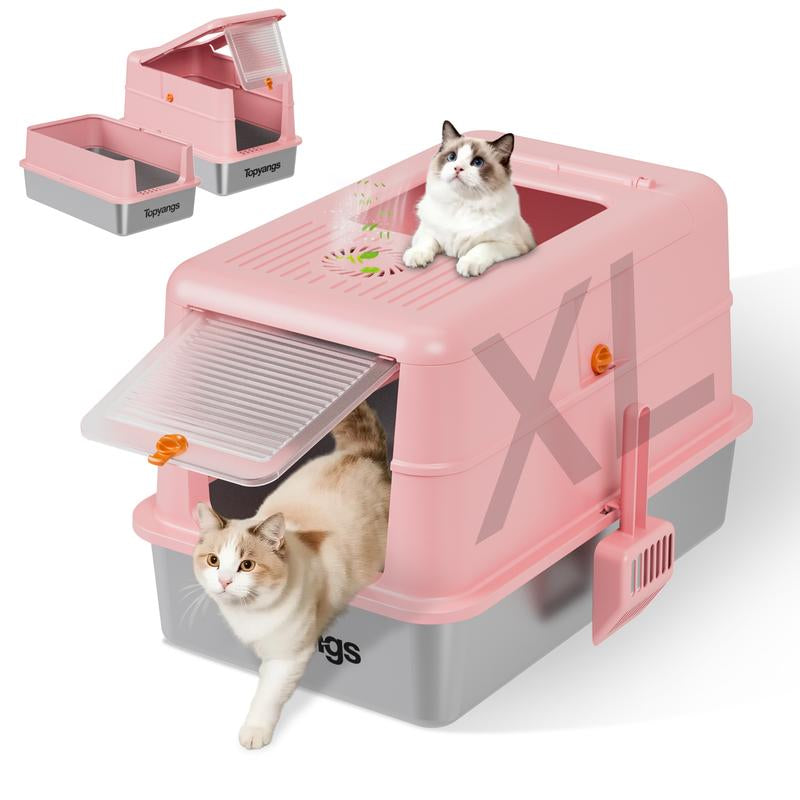 TOPYANGS XL Stainless Steel Cat Litter Box with Lid, 20L Metal Enclosed Litter Box for Big Cat, Flip-Top Design with Anti-Leakage High Sides, Large Cat Lovers Gifts, Pink
