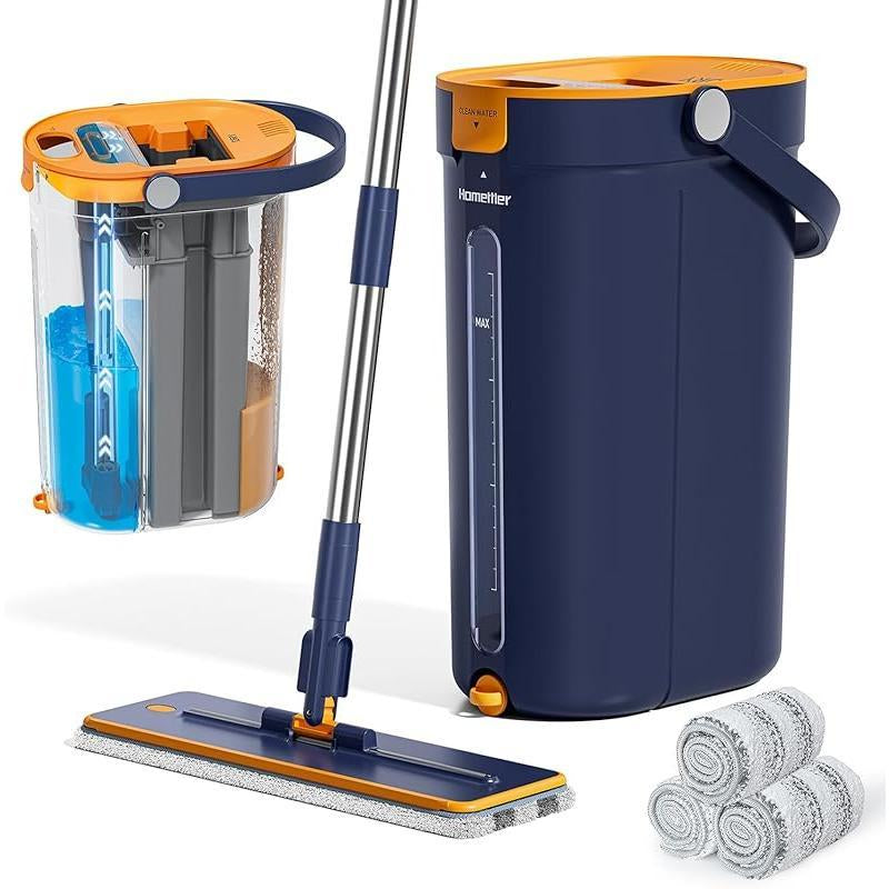 Homettler 3-Tank Self-Cleaning Mop Bucket Set, Self-Separating Dirty & Clean Water System,Hands-Free Spin Mop with 2 Microfiber Pads for Hardwood Floors, Wall & Corner Cleaning