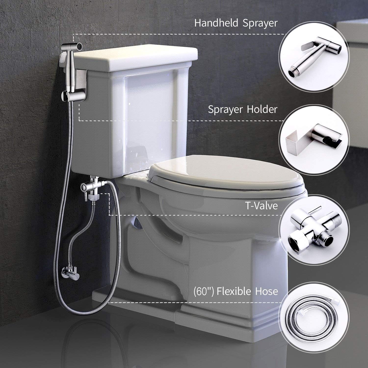 Handheld Bidet Sprayer for Toilet,  Dual Mode Spray Head (Jet/Soft) Baby Cloth Diaper Sprayer Bidet for Toilet Stainless Steel Bathroom Hand Held Muslim Shattaf Kit Brass T-Adaptor 47 Inch Hose