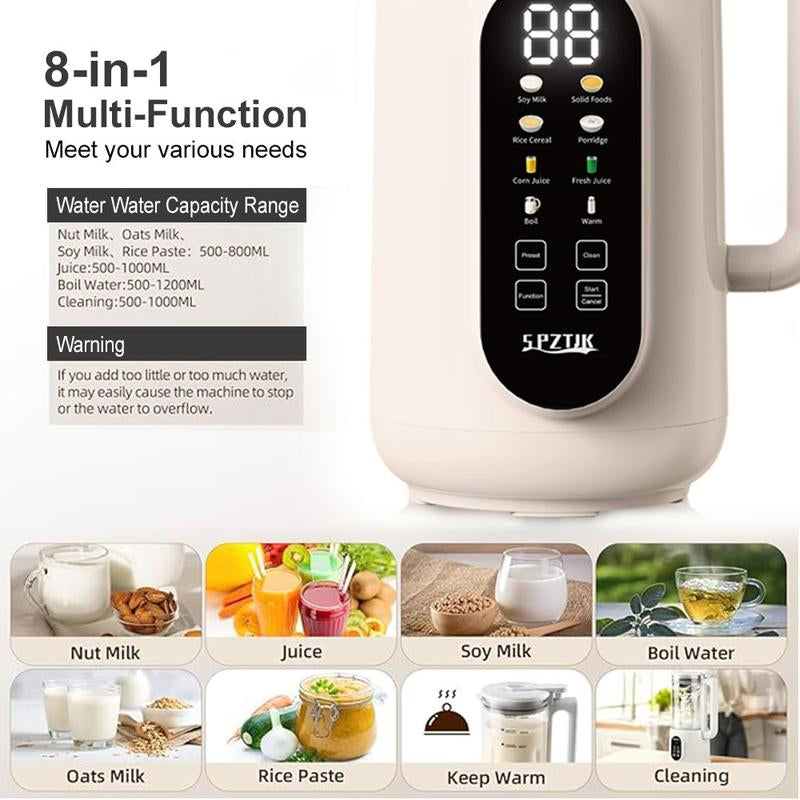 SPZTJK Nut Milk Maker, Homemade Soy Milk,Almond Milk,Plant Based Milks,Oat Milk,Fresh Juice,Coconut,Electric Bean and Nut Milk Machine with Delay Start/12 Hours Timer/Keep Warm/Self-Cleaning/Boil Water