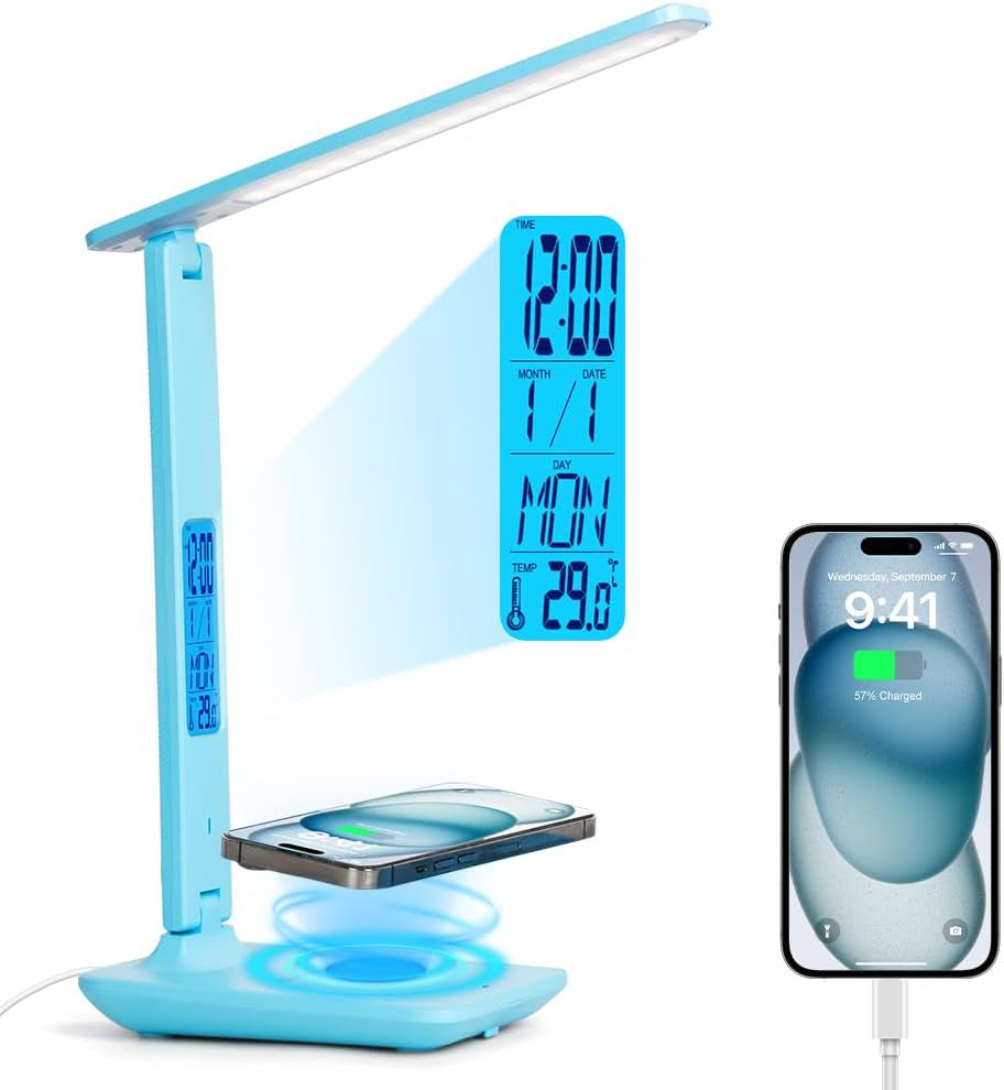 Multifunctional LED Desk Lamp with Wireless Charger,Usb Charging Port,Clock,Phone Holder,Desk Lamps for Home Office,Eye-Caring Reading Lamp,Study Lamp for Boys,Girls,Teens,Pink