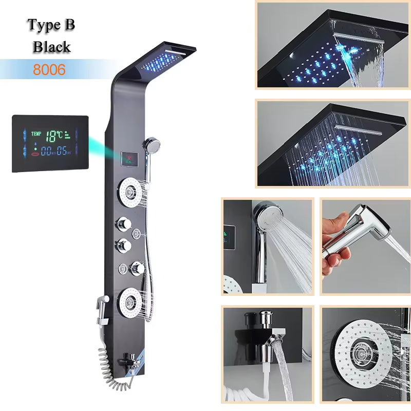 Luxury Bathroom Shower Panel Waterfall Rainfall Shower Head Hot Cold Mixer Tap Bidet Faucet with Handshower Massage Jets Spout