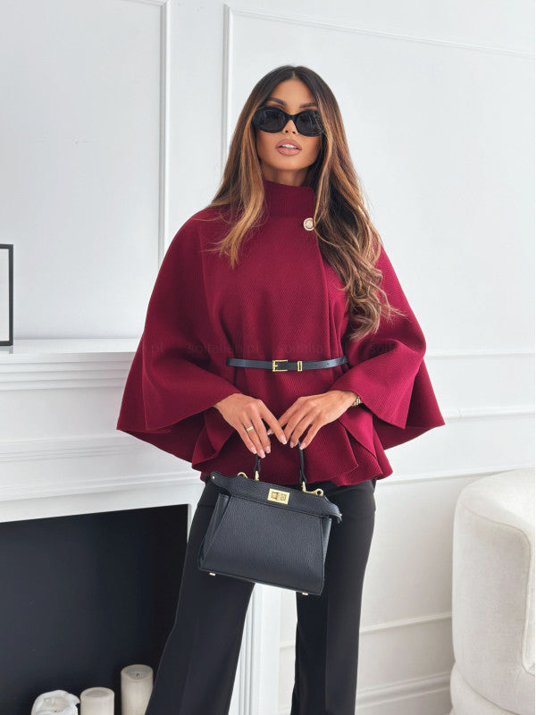 New Stand Collar Batwing Sleeves Cloak Top With Belt Ins Fashion Temperament Jacket Woolen Sweater Outwear For Women Clothing DUCA