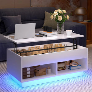 LED Lift Top Coffee Table with Hidden Compartment High Gloss White Coffee Tables Center Rising Cocktail Table for Living Room Accent Furniture