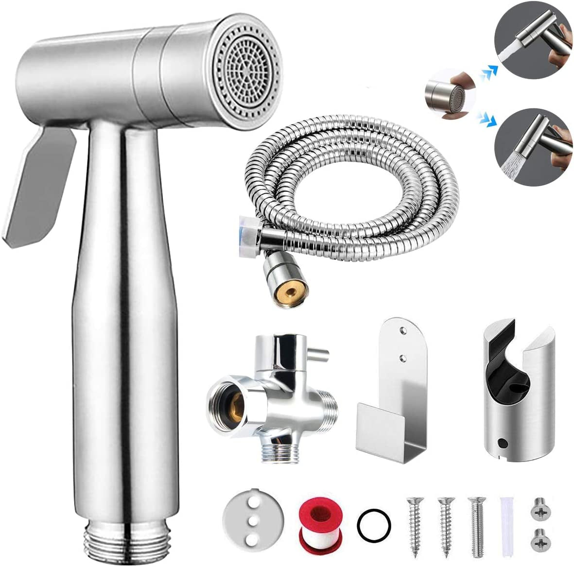 Handheld Bidet Sprayer for Toilet,  Dual Mode Spray Head (Jet/Soft) Baby Cloth Diaper Sprayer Bidet for Toilet Stainless Steel Bathroom Hand Held Muslim Shattaf Kit Brass T-Adaptor 47 Inch Hose
